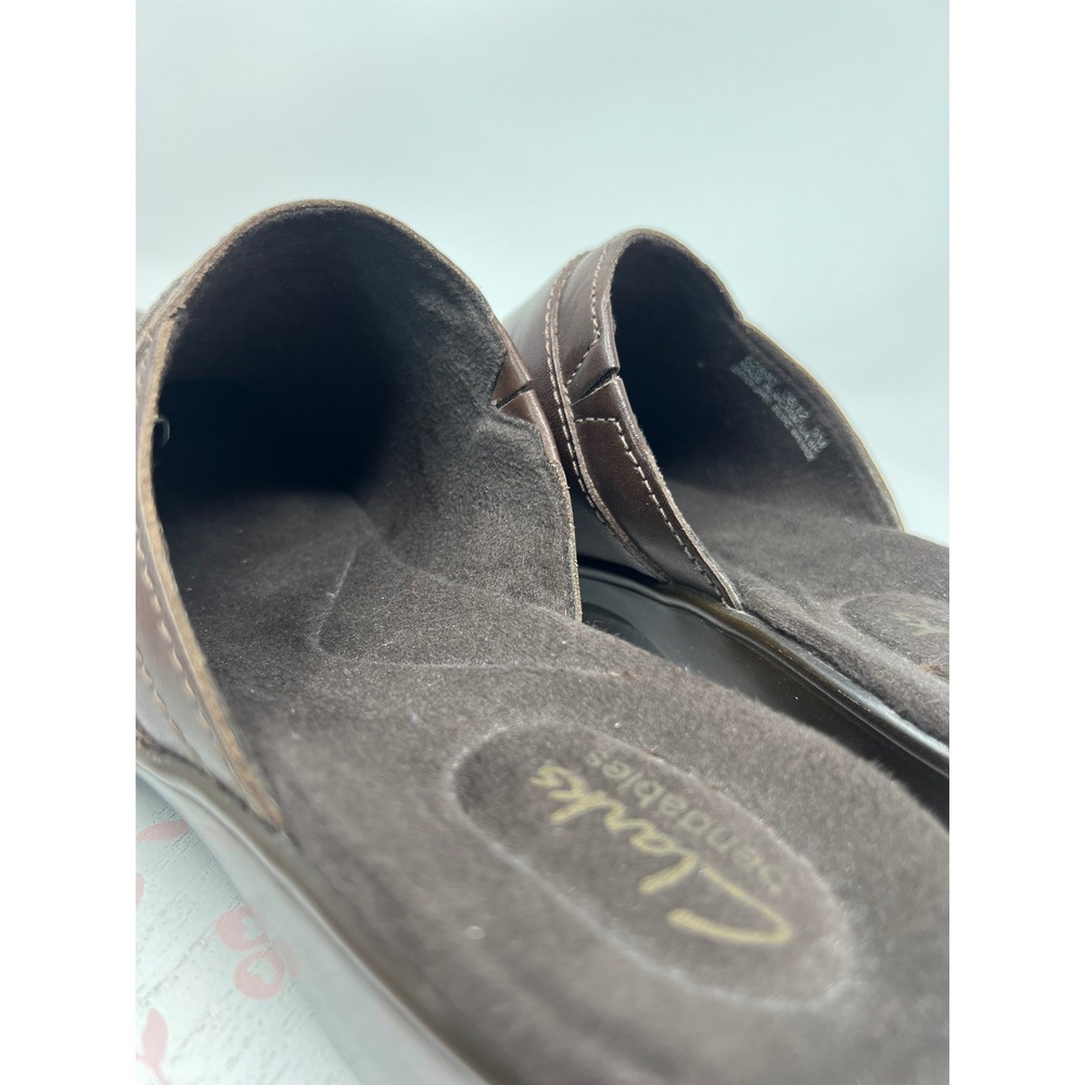 CLARKS Bendables Mules Women 9M Brown Leather Wedge Slide Stitch 62890 Cushioned - Picture 7 of 15